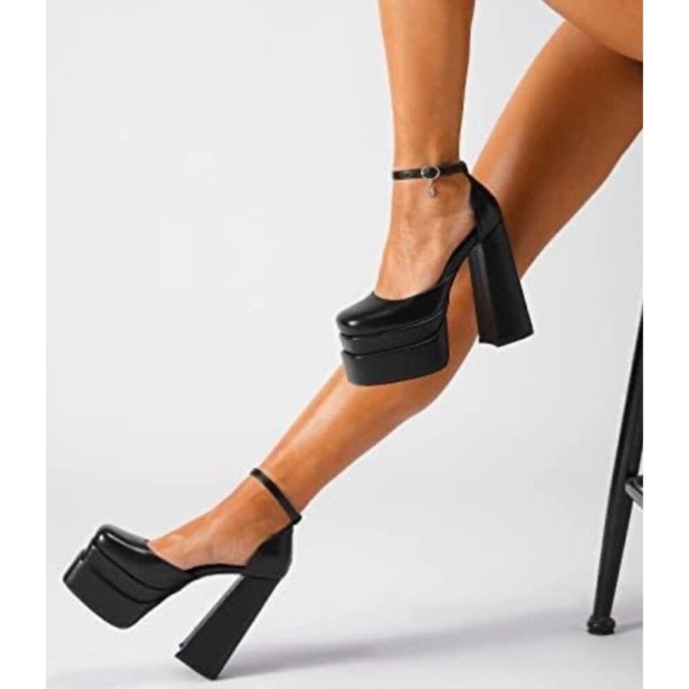 Womens Size 8 Black Platform Heels Chunky Lug Sole Ankle Strap Y2K Goth EU 38